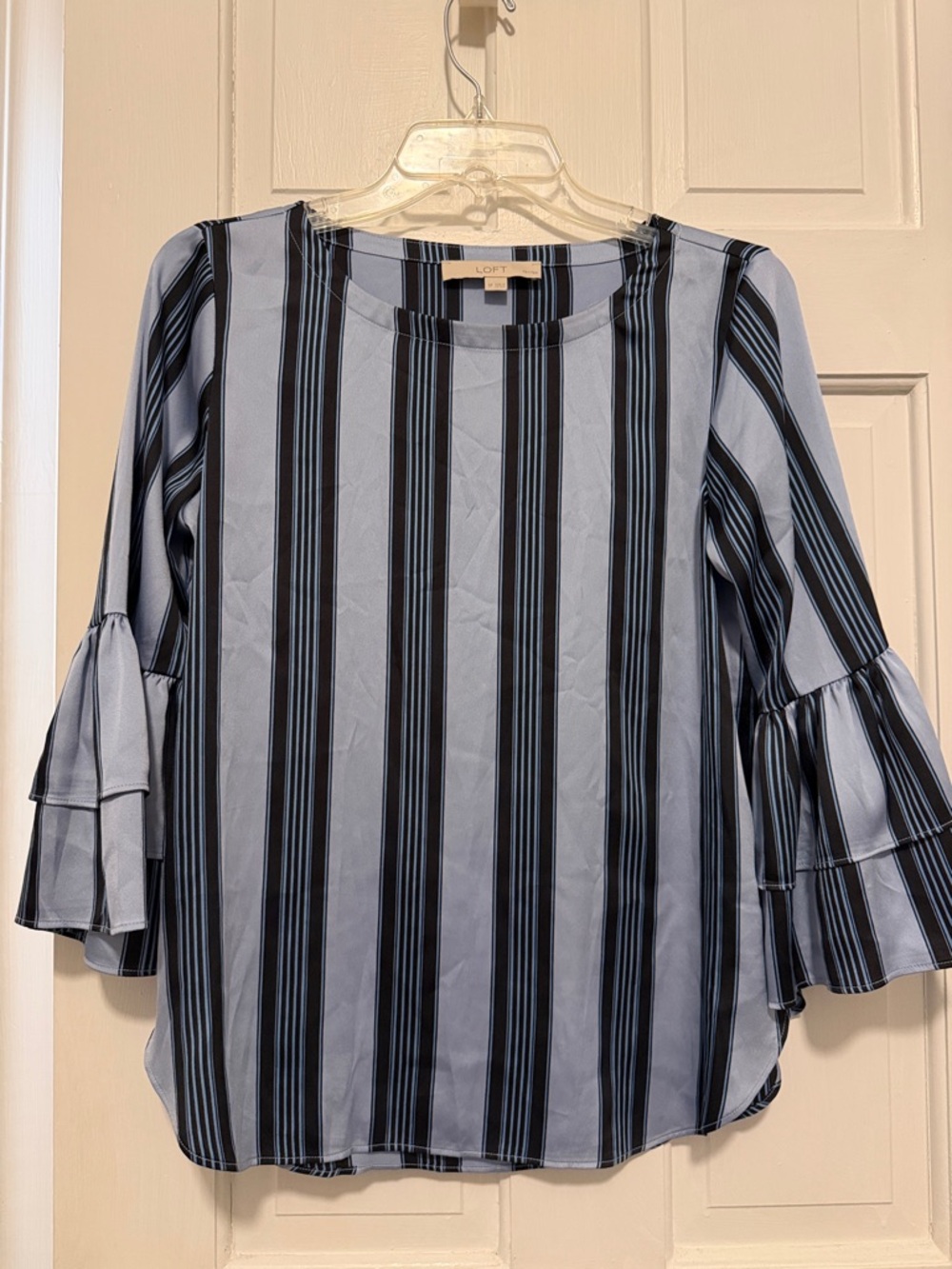 LOFT Light Blue and Black Vertical Stripe Ruffle-Sleeve Blouse